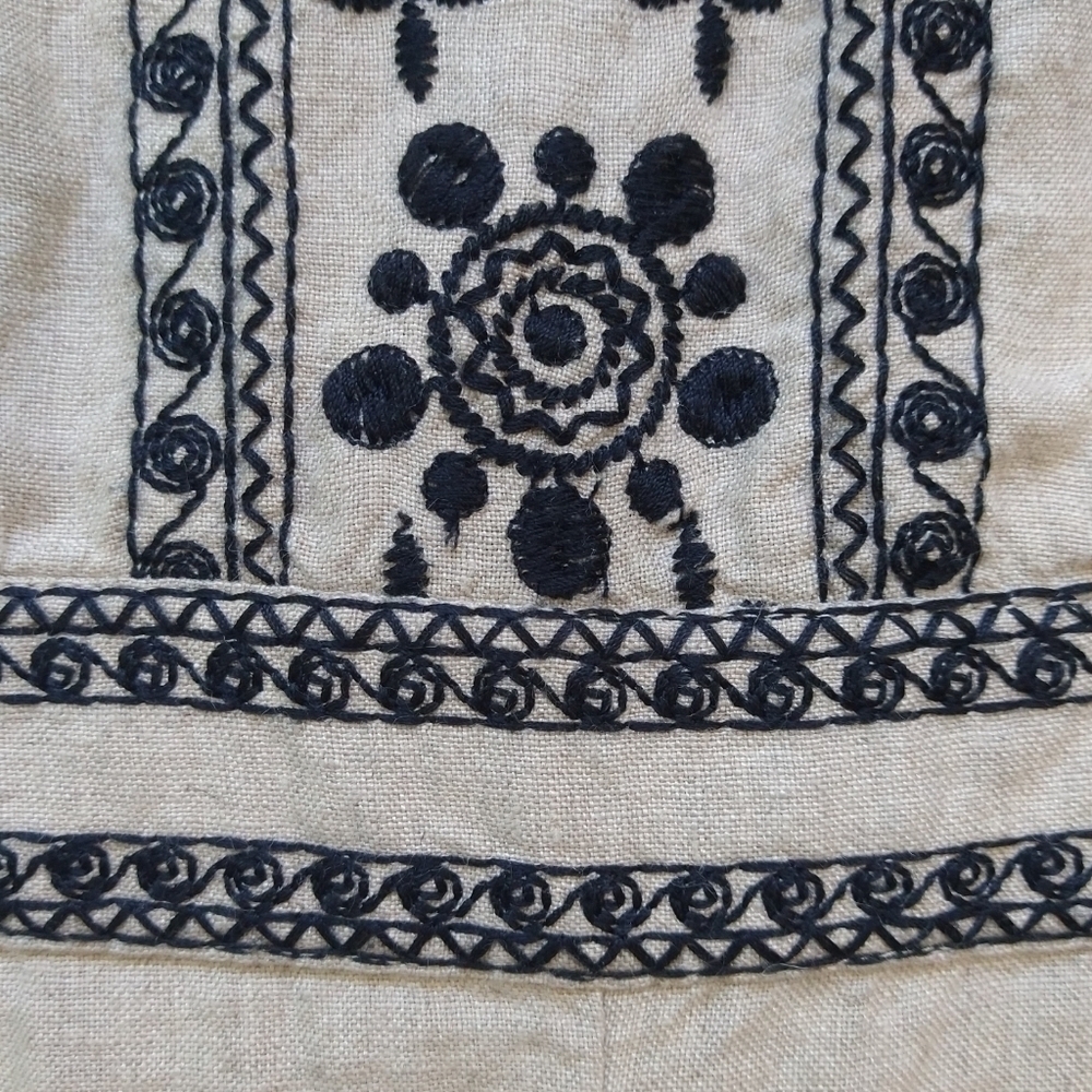 LOFT 100% Linen Khaki Tan Black Embroidered Sleeveless Romper Pockets Boho - Picture 9 of 13